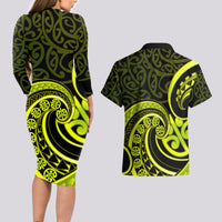 Lime Green New Zealand Mangopare Couples Matching Long Sleeve Bodycon Dress and Hawaiian Shirt Aotearoa Maori Koru Style LT14 - Polynesian Pride
