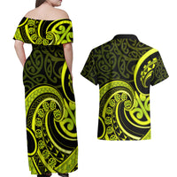 Lime Green New Zealand Mangopare Couples Matching Off Shoulder Maxi Dress and Hawaiian Shirt Aotearoa Maori Koru Style LT14 - Polynesian Pride