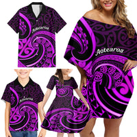 Purple Aotearoa Mangopare Family Matching Off Shoulder Short Dress and Hawaiian Shirt NZ Maori Koru Style LT14 - Polynesian Pride