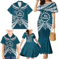 Kia Orana Cook Islands Family Matching Mermaid Dress and Hawaiian Shirt Polynesian Turtle Crowberry Blue Color