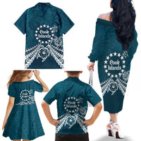 Kia Orana Cook Islands Family Matching Off The Shoulder Long Sleeve Dress and Hawaiian Shirt Polynesian Turtle Crowberry Blue Color