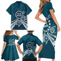 Kia Orana Cook Islands Family Matching Short Sleeve Bodycon Dress and Hawaiian Shirt Polynesian Turtle Crowberry Blue Color