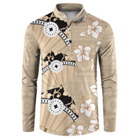 Bula Fiji Iri Buli Button Sweatshirt Woven Fan With Fijian Tapa LT14 Beige - Polynesian Pride