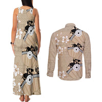 Bula Fiji Iri Buli Couples Matching Tank Maxi Dress and Long Sleeve Button Shirt Woven Fan With Fijian Tapa