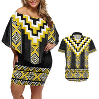 Yellow Taniko Aotearoa Couples Matching Off Shoulder Short Dress and Hawaiian Shirt Niho Taniwha Mix Poutama