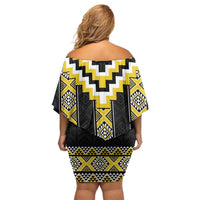 Yellow Taniko Aotearoa Off Shoulder Short Dress Niho Taniwha Mix Poutama