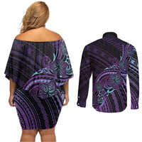 Teal Purple Polynesia Plumeria Tattoo Couples Matching Off Shoulder Short Dress and Long Sleeve Button Shirt LT14 - Polynesian Pride