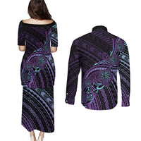 Teal Purple Polynesia Plumeria Tattoo Couples Matching Puletasi and Long Sleeve Button Shirt LT14 - Polynesian Pride