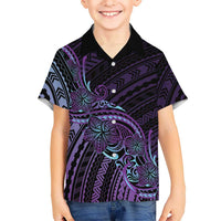 Teal Purple Polynesia Plumeria Tattoo Family Matching Short Sleeve Bodycon Dress and Hawaiian Shirt LT14 Son's Shirt Purple - Polynesian Pride