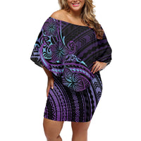 Teal Purple Polynesia Plumeria Tattoo Off Shoulder Short Dress