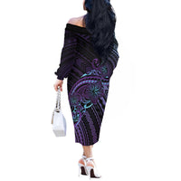 Teal Purple Polynesia Plumeria Tattoo Off The Shoulder Long Sleeve Dress