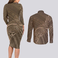 Brown Polynesia Plumeria Tattoo Couples Matching Long Sleeve Bodycon Dress and Long Sleeve Button Shirt LT14 - Polynesian Pride