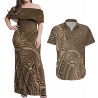 Brown Polynesia Plumeria Tattoo Couples Matching Off Shoulder Maxi Dress and Hawaiian Shirt LT14 Brown - Polynesian Pride