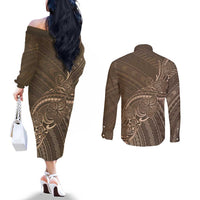 Brown Polynesia Plumeria Tattoo Couples Matching Off The Shoulder Long Sleeve Dress and Long Sleeve Button Shirt LT14 - Polynesian Pride