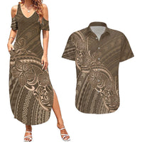 Brown Polynesia Plumeria Tattoo Couples Matching Summer Maxi Dress and Hawaiian Shirt LT14 Brown - Polynesian Pride