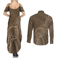 Brown Polynesia Plumeria Tattoo Couples Matching Summer Maxi Dress and Long Sleeve Button Shirt LT14 - Polynesian Pride