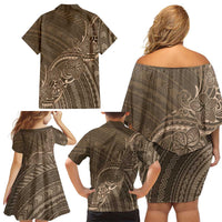 Brown Polynesia Plumeria Tattoo Family Matching Off Shoulder Short Dress and Hawaiian Shirt