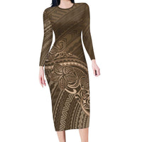 Brown Polynesia Plumeria Tattoo Long Sleeve Bodycon Dress LT14 Long Dress Brown - Polynesian Pride