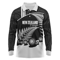 Custom New Zealand Silver Fern Petanque Long Sleeve Polo Shirt Aotearoa Maori Pattern LT14 Black - Polynesian Pride