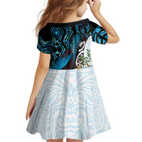 New Zealand Silver Fern Tui Bird Family Matching Off Shoulder Short Dress and Hawaiian Shirt Maori Kowhai Paua Shell Taniko Motifs