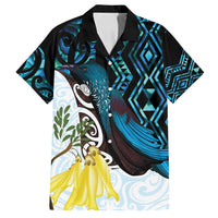 New Zealand Silver Fern Tui Bird Family Matching Off Shoulder Short Dress and Hawaiian Shirt Maori Kowhai Paua Shell Taniko Motifs