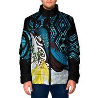 New Zealand Silver Fern Tui Bird Padded Jacket Maori Kowhai Paua Shell Taniko Motifs - Polynesian Pride