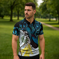 New Zealand Silver Fern Tui Bird Zipper Polo Shirt Maori Kowhai Paua Shell Taniko Motifs - Polynesian Pride