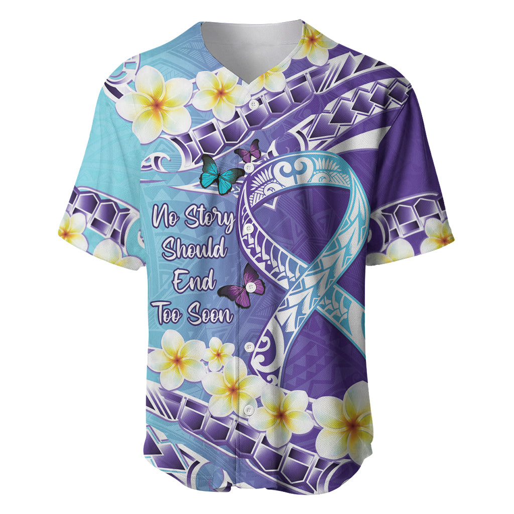 No Story Should End Too Soon Suicide Awareness Baseball Jersey Purple And Teal Polynesian Ribbon