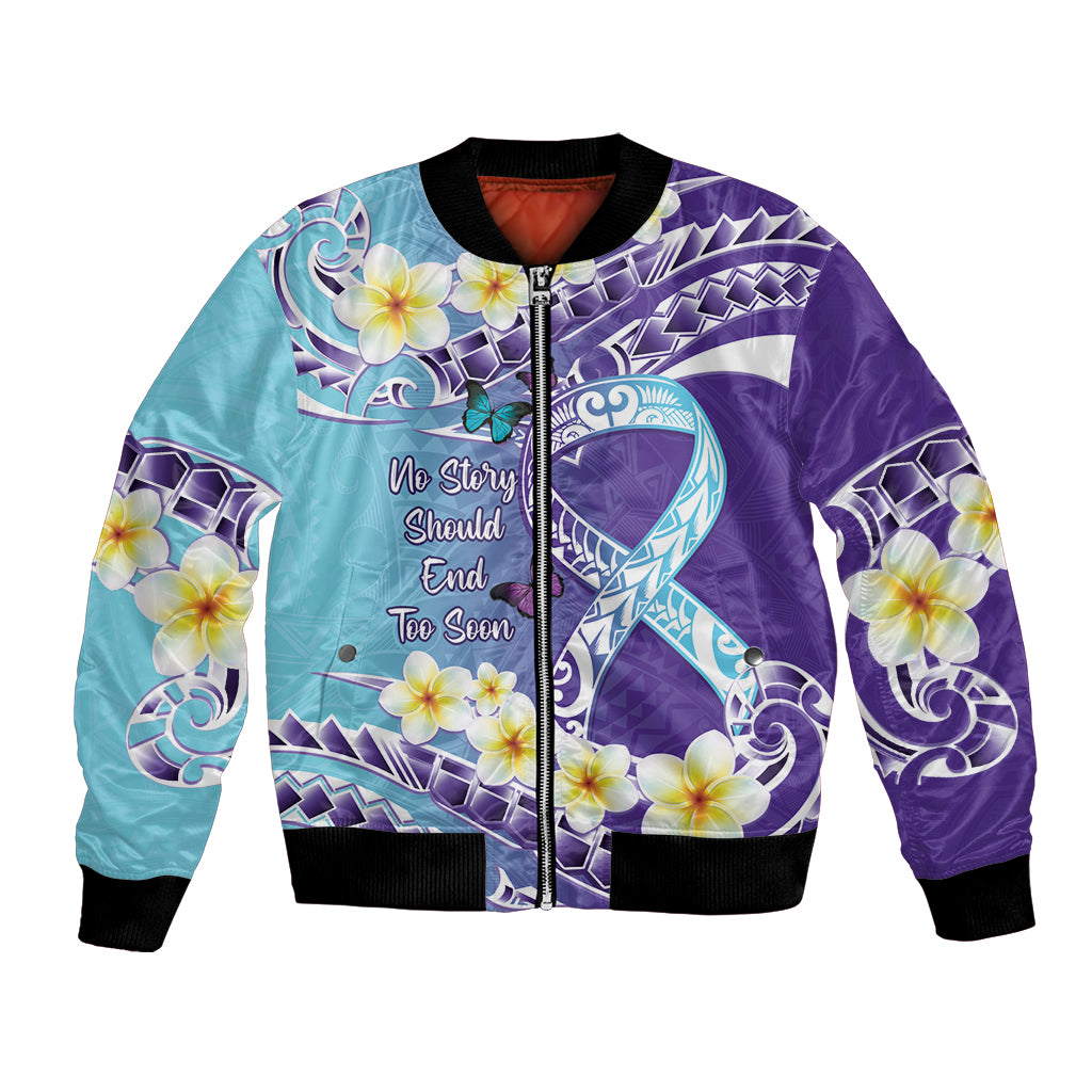 No Story Should End Too Soon Suicide Awareness Bomber Jacket Purple And Teal Polynesian Ribbon
