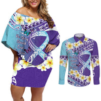 No Story Should End Too Soon Suicide Awareness Couples Matching Off Shoulder Short Dress and Long Sleeve Button Shirt Purple And Teal Polynesian Ribbon