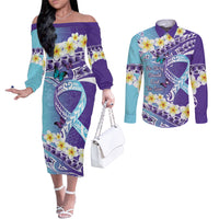 No Story Should End Too Soon Suicide Awareness Couples Matching Off The Shoulder Long Sleeve Dress and Long Sleeve Button Shirt Purple And Teal Polynesian Ribbon