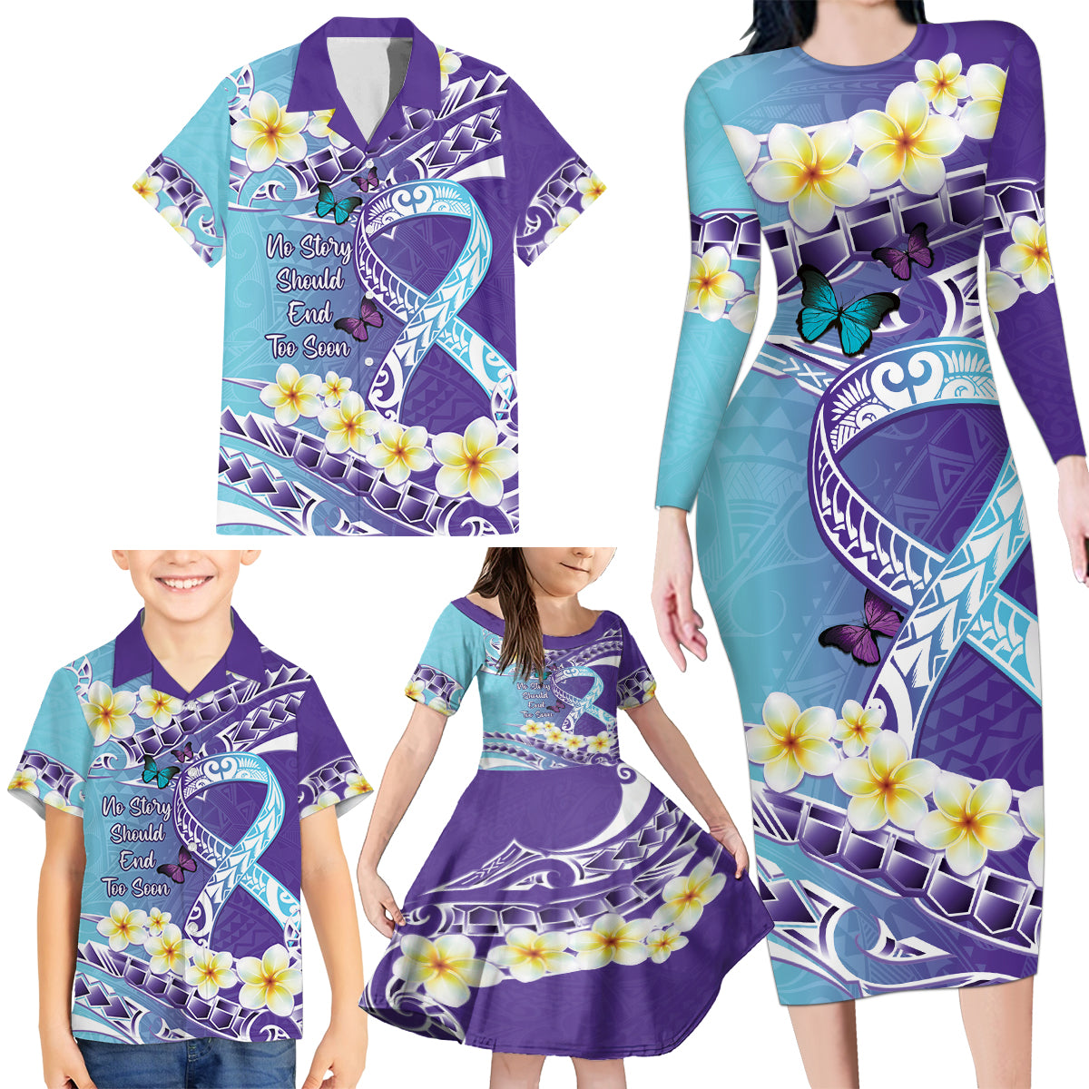 No Story Should End Too Soon Suicide Awareness Family Matching Long Sleeve Bodycon Dress and Hawaiian Shirt Purple And Teal Polynesian Ribbon