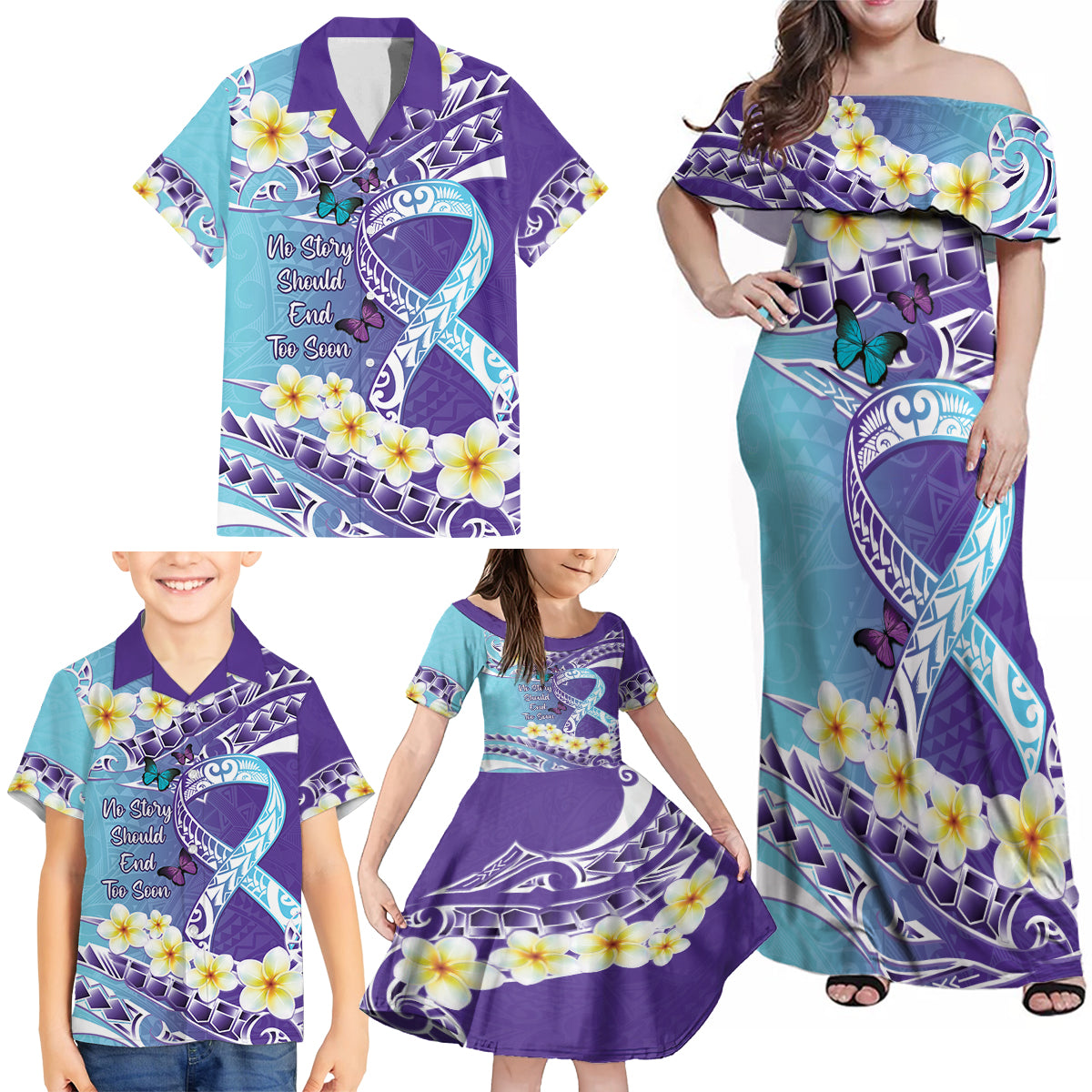 No Story Should End Too Soon Suicide Awareness Family Matching Off Shoulder Maxi Dress and Hawaiian Shirt Purple And Teal Polynesian Ribbon