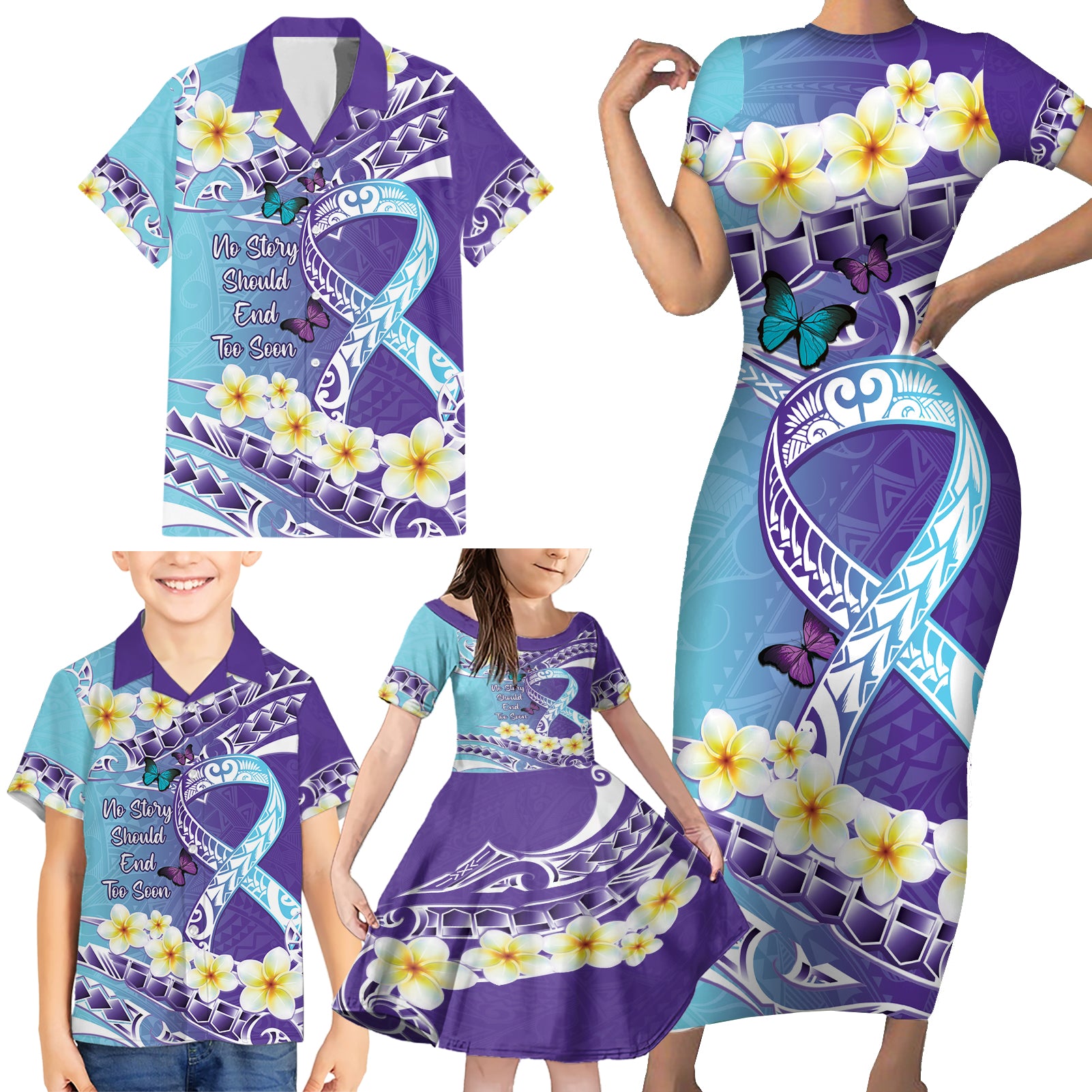 No Story Should End Too Soon Suicide Awareness Family Matching Short Sleeve Bodycon Dress and Hawaiian Shirt Purple And Teal Polynesian Ribbon