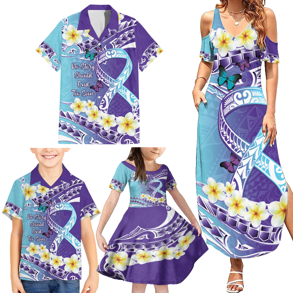 No Story Should End Too Soon Suicide Awareness Family Matching Summer Maxi Dress and Hawaiian Shirt Purple And Teal Polynesian Ribbon