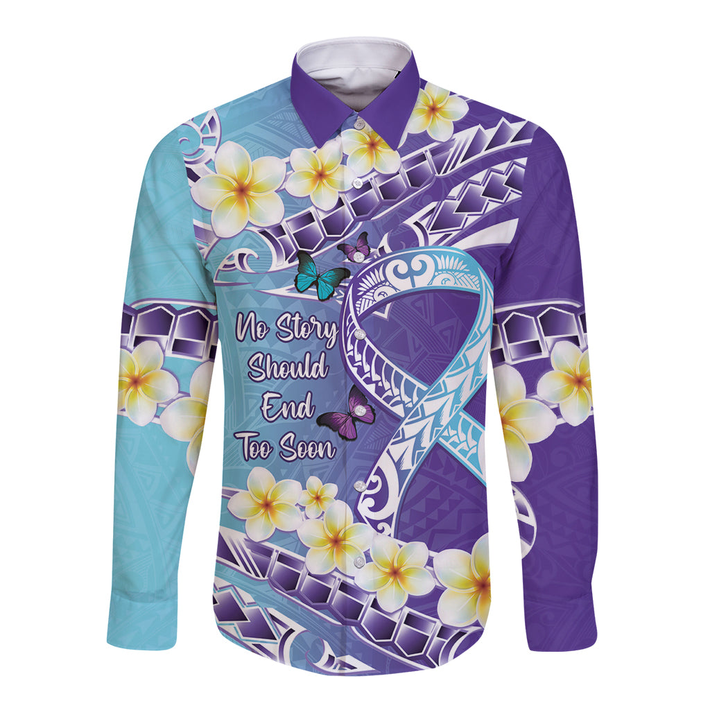 No Story Should End Too Soon Suicide Awareness Long Sleeve Button Shirt Purple And Teal Polynesian Ribbon