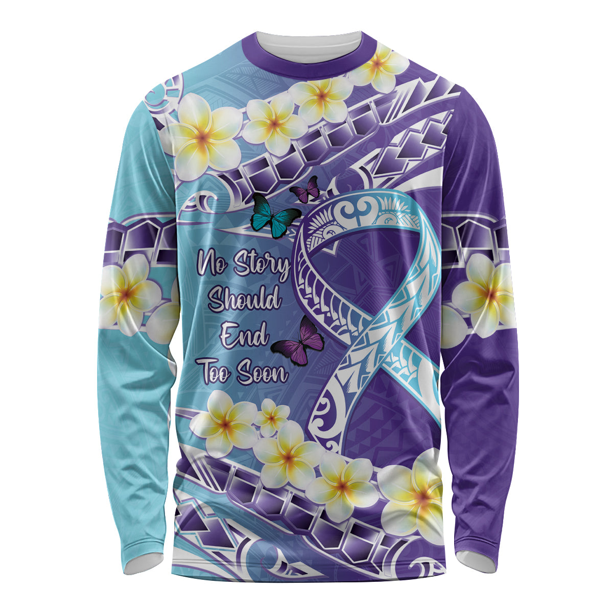 No Story Should End Too Soon Suicide Awareness Long Sleeve Shirt Purple And Teal Polynesian Ribbon