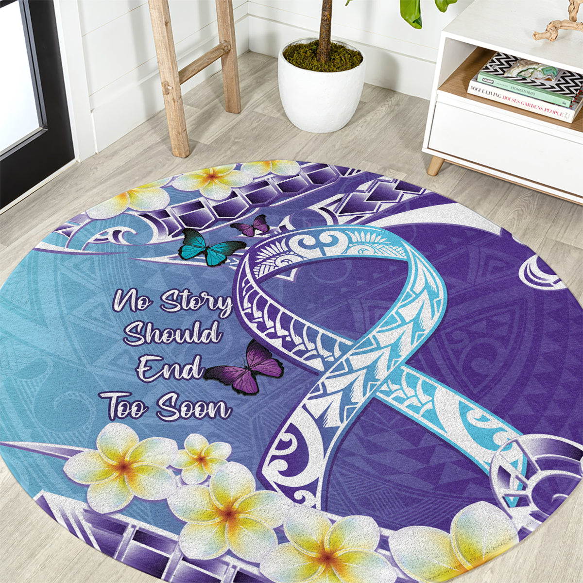 No Story Should End Too Soon Suicide Awareness Round Carpet Purple And Teal Polynesian Ribbon