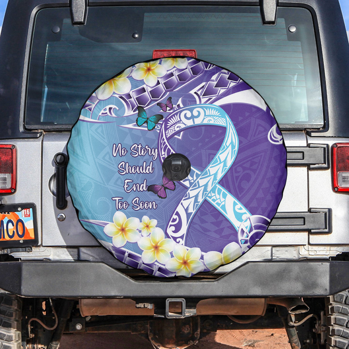 No Story Should End Too Soon Suicide Awareness Spare Tire Cover Purple And Teal Polynesian Ribbon
