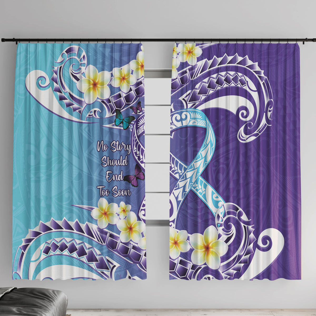 No Story Should End Too Soon Suicide Awareness Window Curtain Purple And Teal Polynesian Ribbon