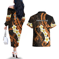 Liver Cancer Awareness Month Couples Matching Off The Shoulder Long Sleeve Dress and Hawaiian Shirt Awareness Is Key Orange Polynesian Ribbon