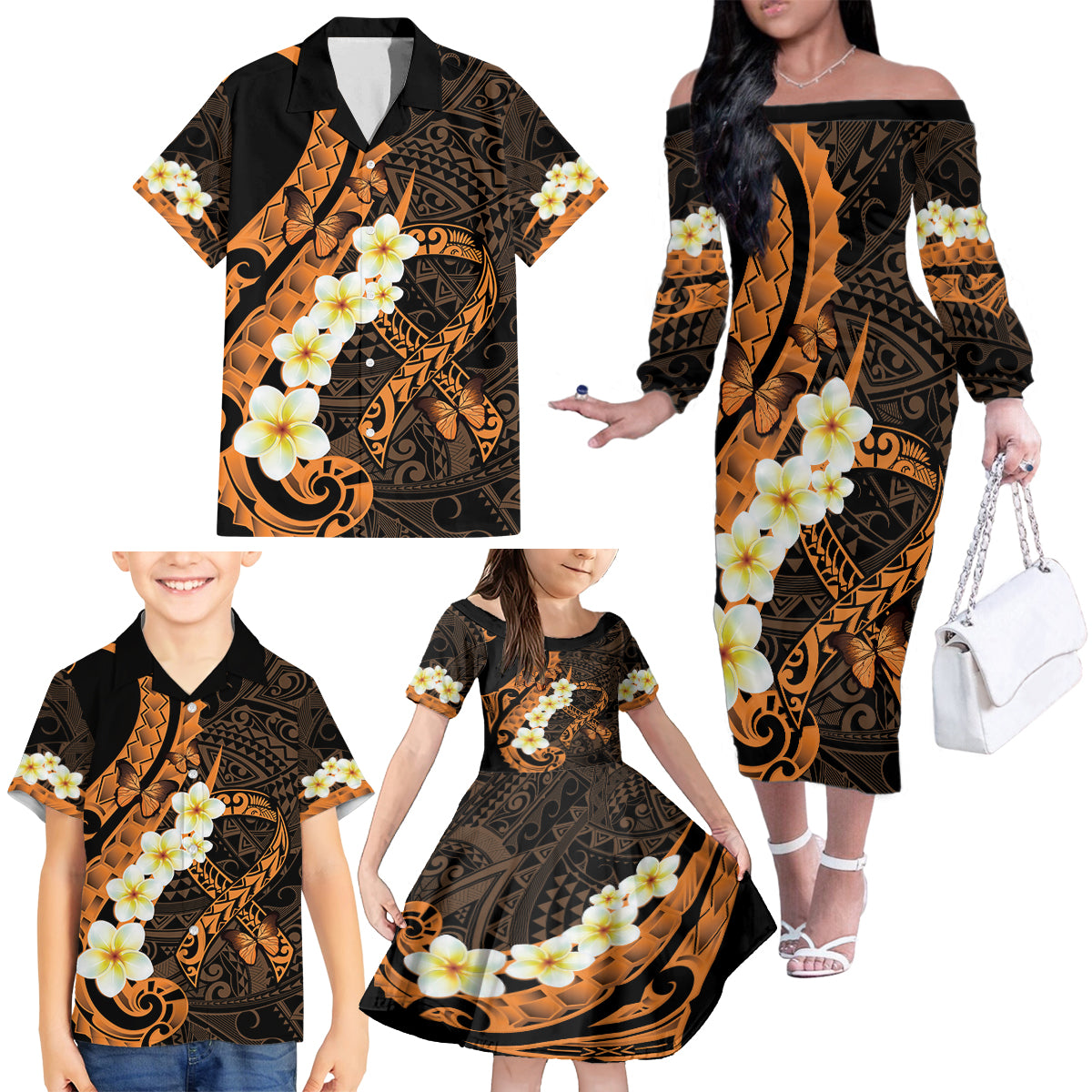 Liver Cancer Awareness Month Family Matching Off The Shoulder Long Sleeve Dress and Hawaiian Shirt Awareness Is Key Orange Polynesian Ribbon