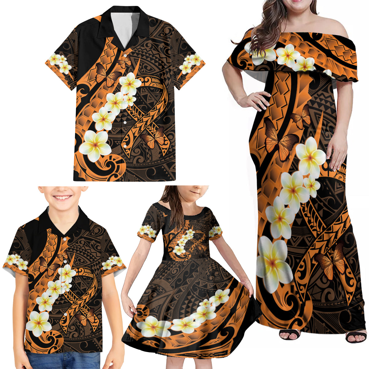 Liver Cancer Awareness Month Family Matching Off Shoulder Maxi Dress and Hawaiian Shirt Awareness Is Key Orange Polynesian Ribbon