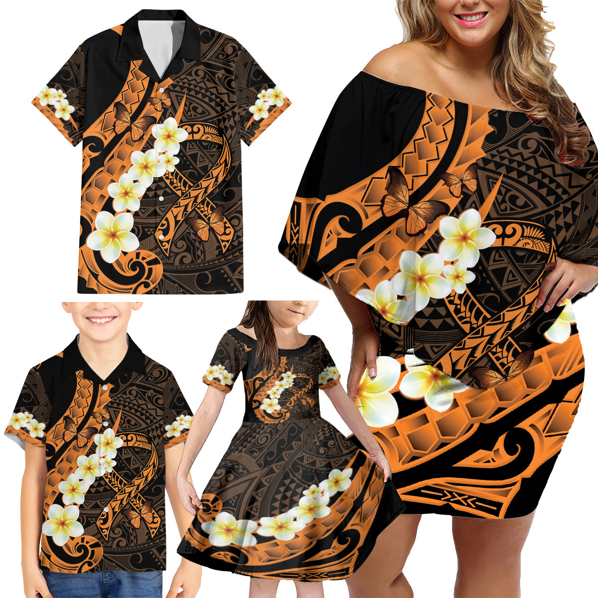 Liver Cancer Awareness Month Family Matching Off Shoulder Short Dress and Hawaiian Shirt Awareness Is Key Orange Polynesian Ribbon
