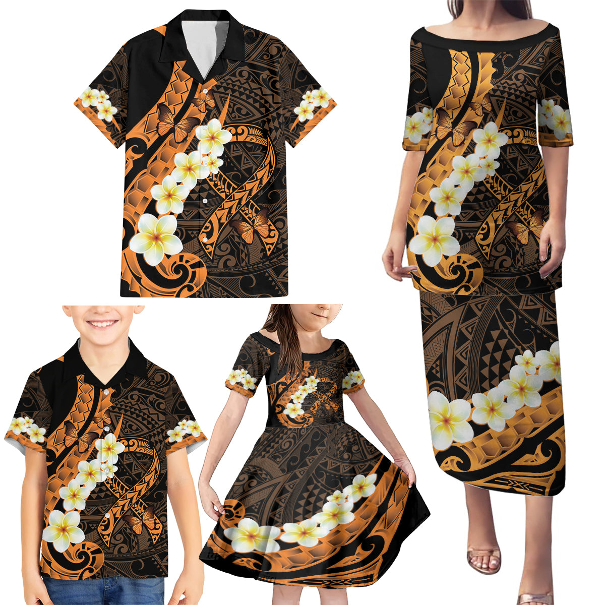 Liver Cancer Awareness Month Family Matching Puletasi and Hawaiian Shirt Awareness Is Key Orange Polynesian Ribbon