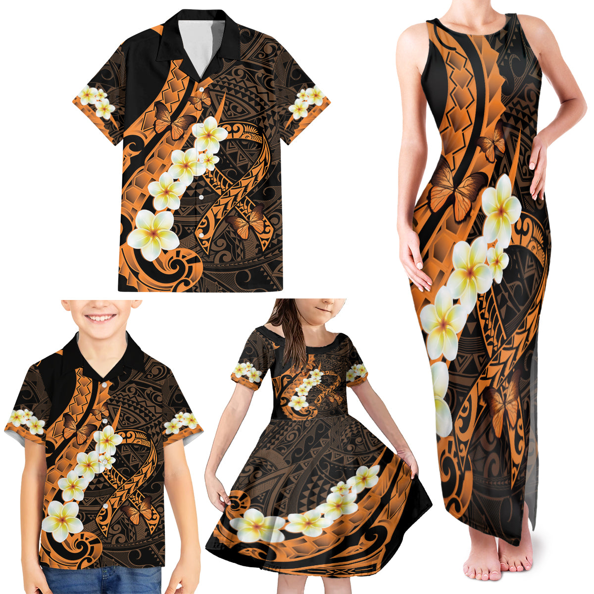 Liver Cancer Awareness Month Family Matching Tank Maxi Dress and Hawaiian Shirt Awareness Is Key Orange Polynesian Ribbon
