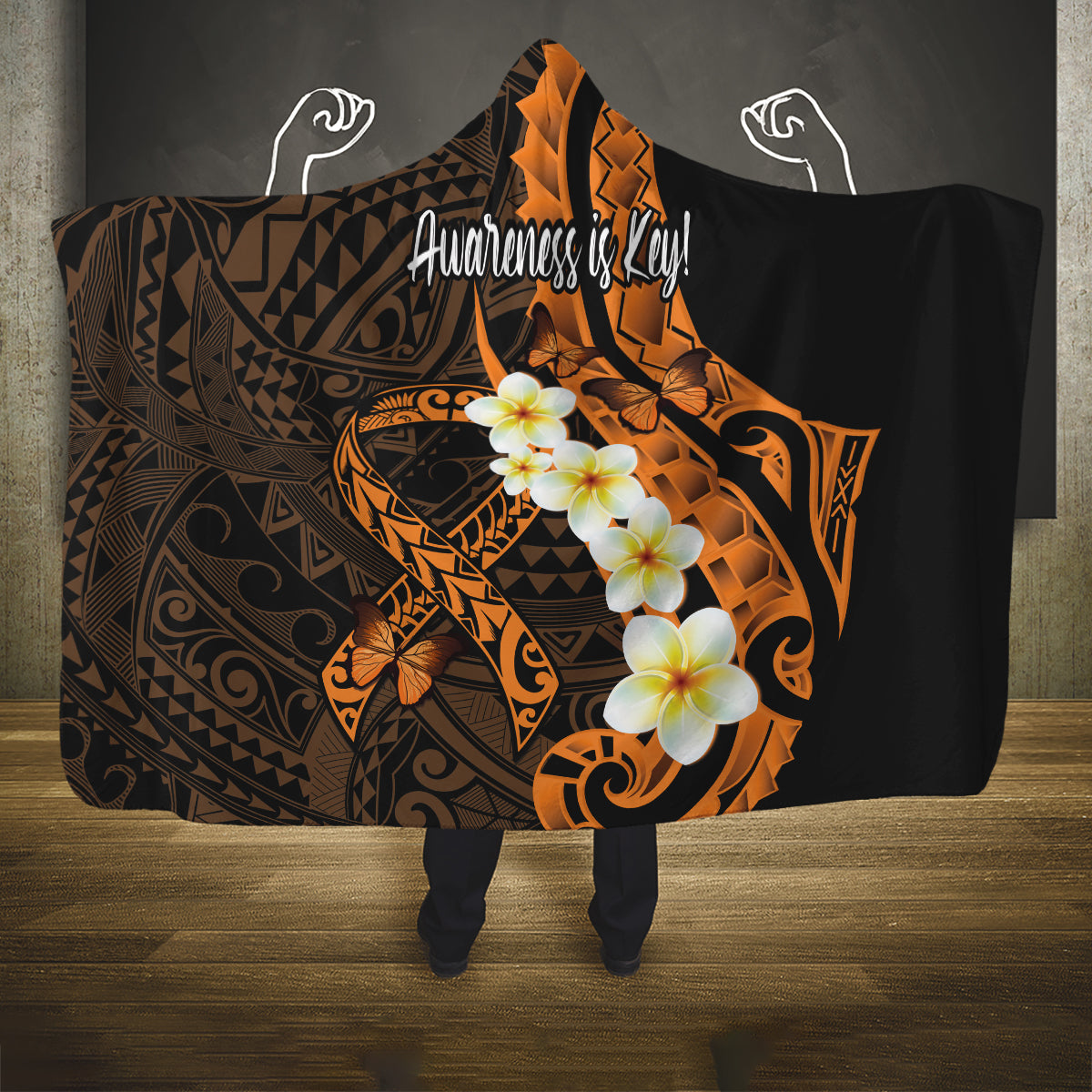 Liver Cancer Awareness Month Hooded Blanket Awareness Is Key Orange Polynesian Ribbon