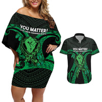 ADHD Awareness Month You Matter Couples Matching Off Shoulder Short Dress and Hawaiian Shirt Green Polynesian Ribbon