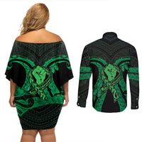 ADHD Awareness Month You Matter Couples Matching Off Shoulder Short Dress and Long Sleeve Button Shirt Green Polynesian Ribbon