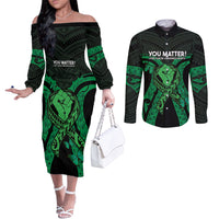 ADHD Awareness Month You Matter Couples Matching Off The Shoulder Long Sleeve Dress and Long Sleeve Button Shirt Green Polynesian Ribbon